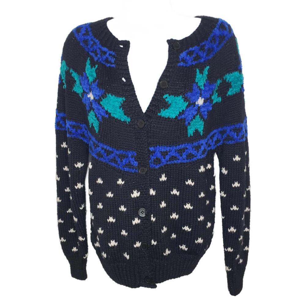 Vtg Petite Illustrations Womens S Black/Blue Crochet Wool Blend Sweater(1763)